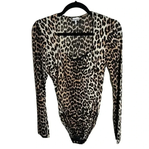 Ganni Leopard Silky Long Sleeve Bodysuit Size Medium - Picture 1 of 9